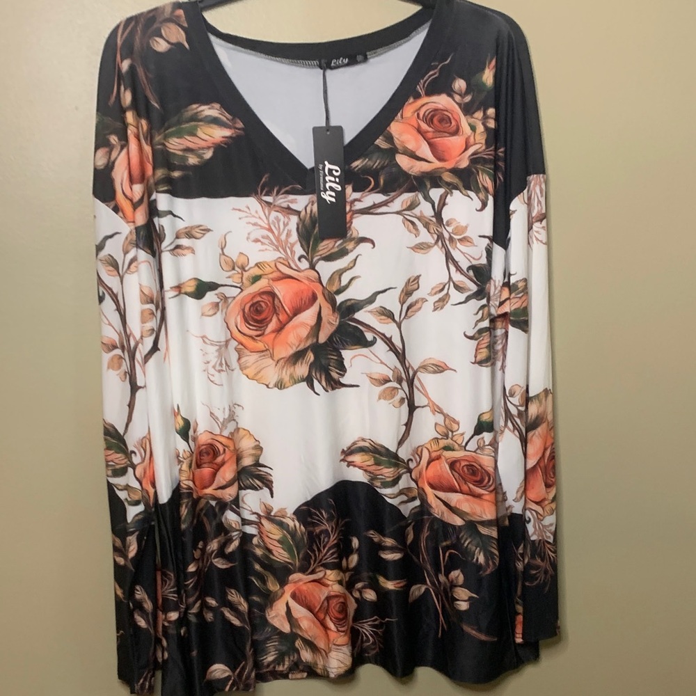 Lily Black & Peach Rose V-Neck Long Sleeve Top